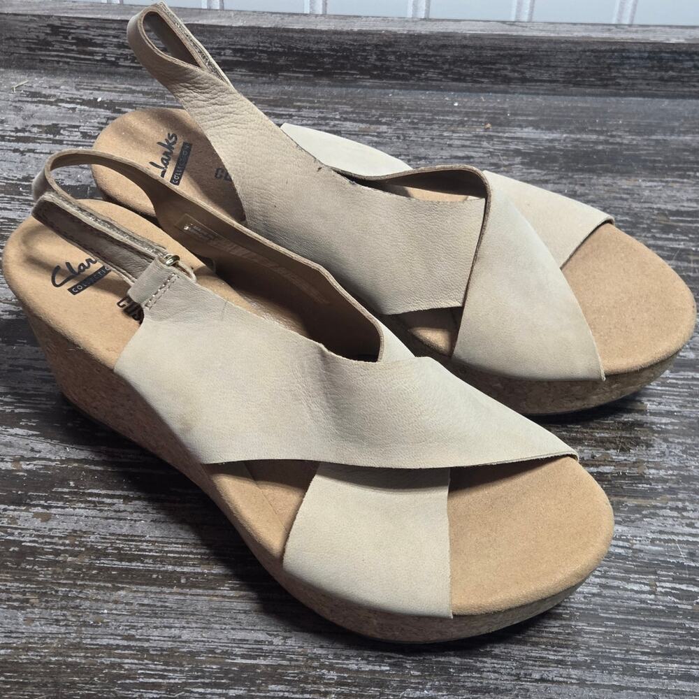 Clarks Women's Tan Leather Criss Cross Cork Wedge Comfort Sandal Size  7.5
